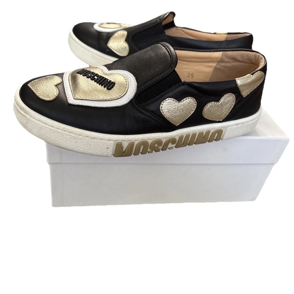 MOSCHINO VITELLO LAMINATO Shoes Black Gold Heart Slip On Sneakers US 3.5 Euro 35